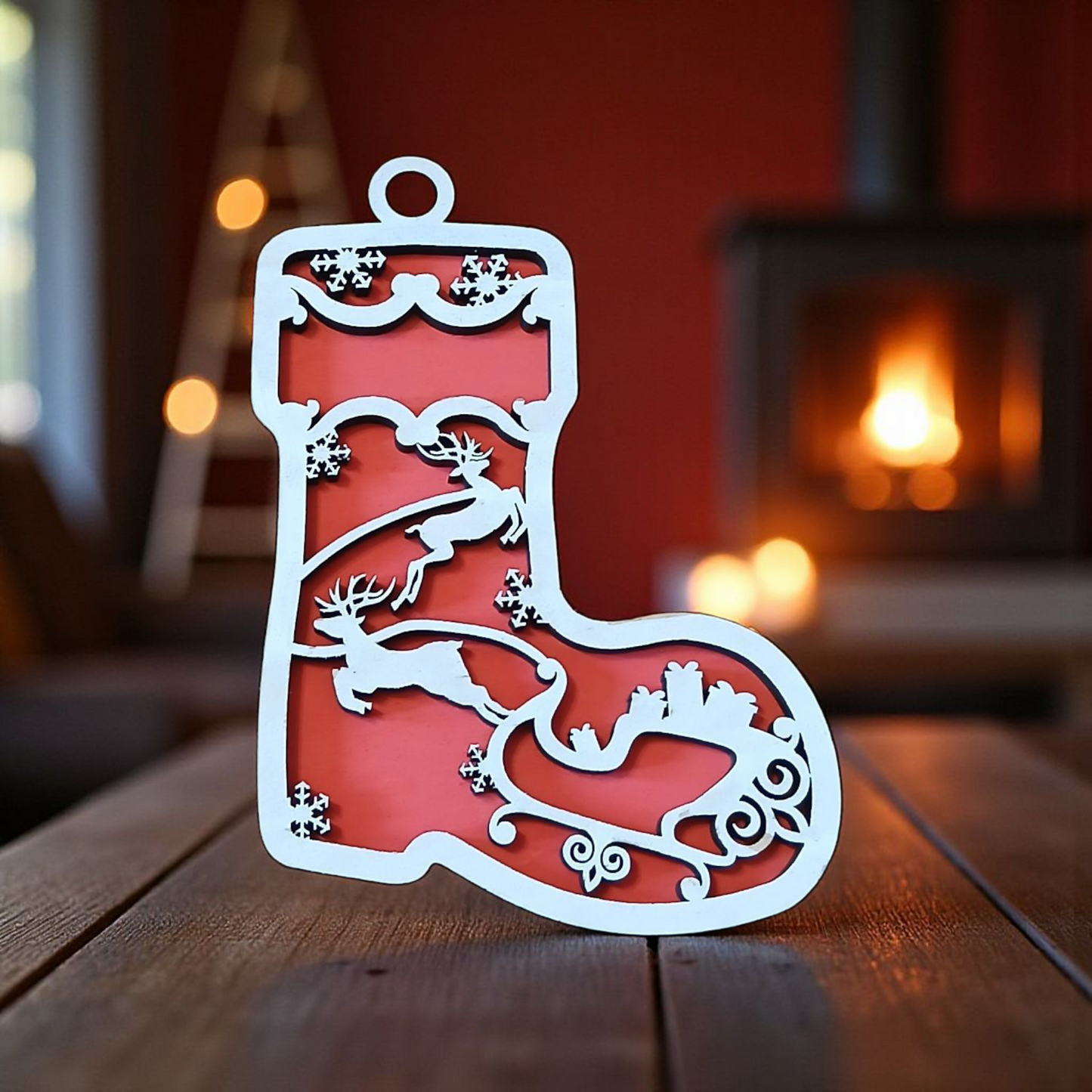 🎄 Décoration de Noël en forme de botte – Traîneau du Père Noël & Rennes