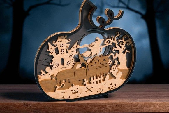Citrouille en Bois Découpée au Laser - Décor d'Halloween en Relief