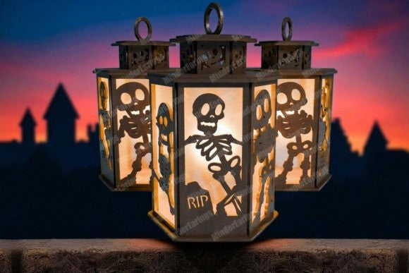 Lanterne en Bois Découpée au Laser - Motifs Squelette Halloween