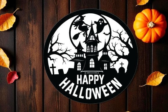 Plaque de bienvenue Halloween en bois – Maison hantée (découpe laser)