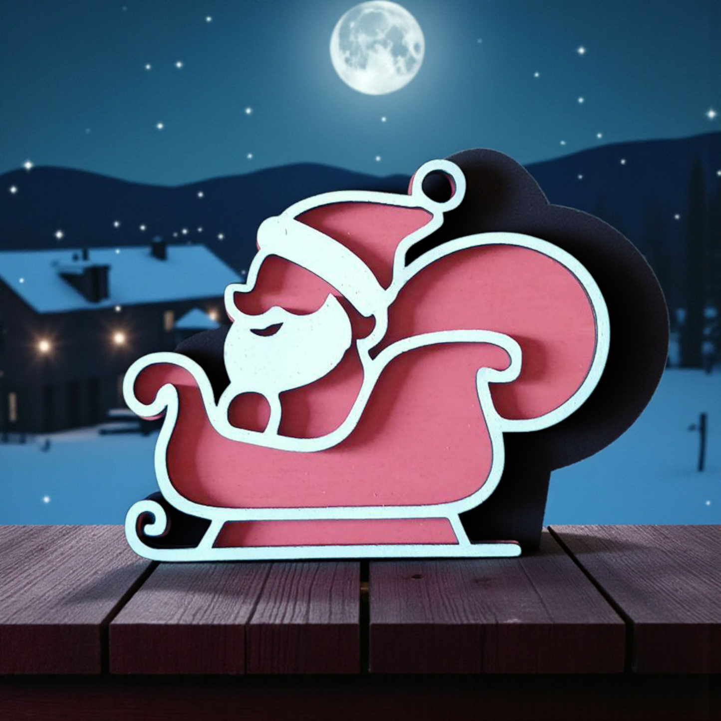 🎅 Décoration de Noël – Père Noël sur son traîneau en bois découpé au laser 🎅