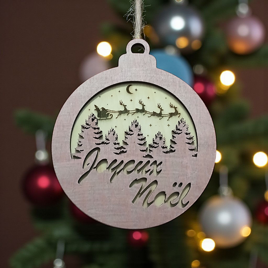 🎅 Décoration suspendue en bois “Joyeux Noël” – Père Noël et son traîneau