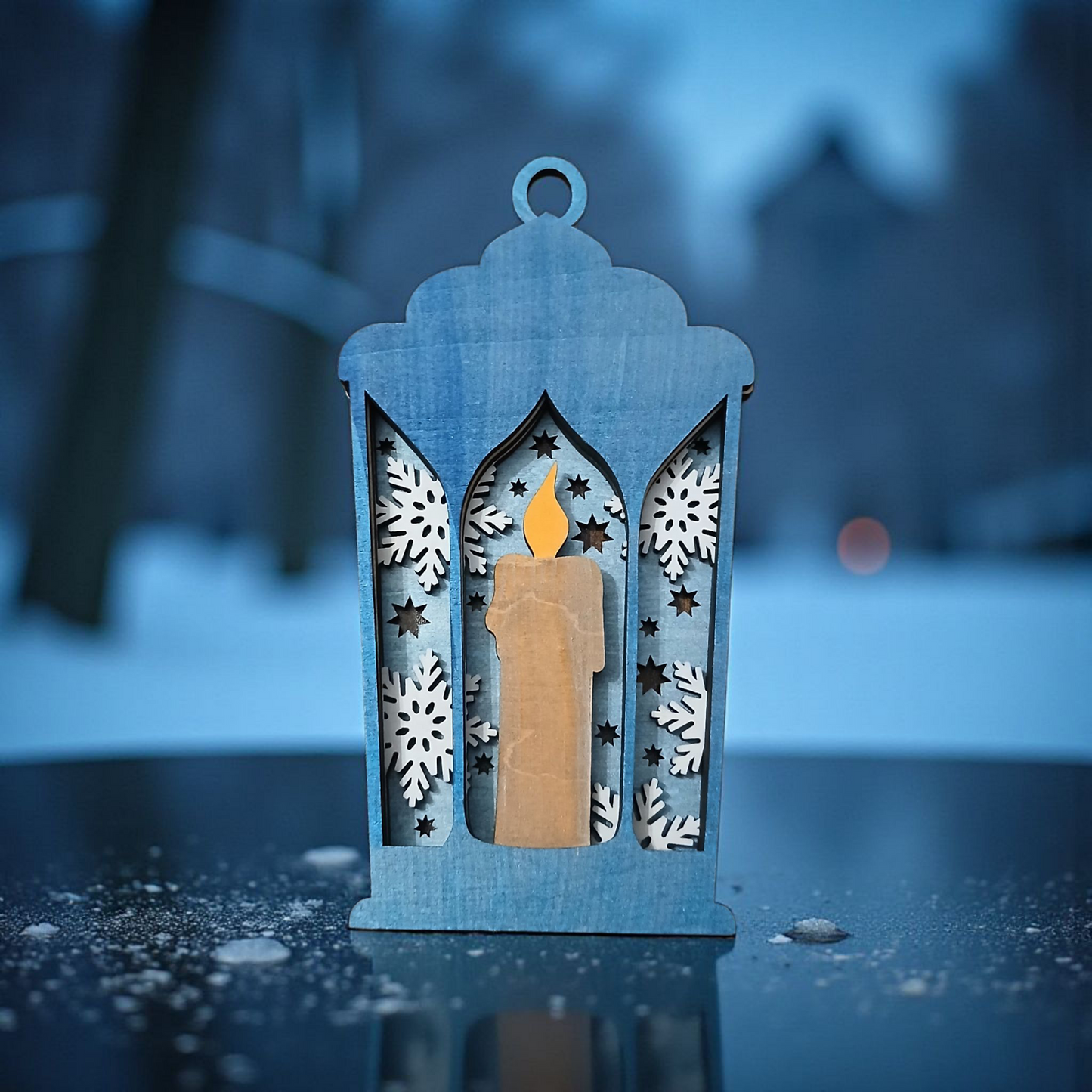 🕯️ Lanterne de Noël en Bois avec Bougie et Flocons de Neige