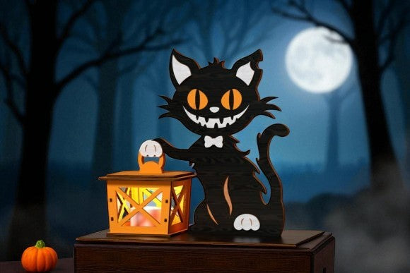 🐱 Lanterne Halloween en bois – Chat tenant une citrouille