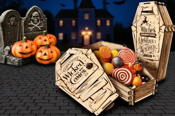Boîte à bonbons en bois – Forme cercueil Halloween (découpe laser)