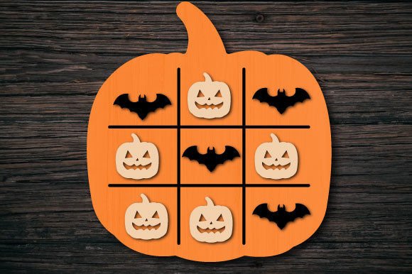 Jeu de Tic Tac Toe en bois – Citrouille Halloween (Découpe laser)