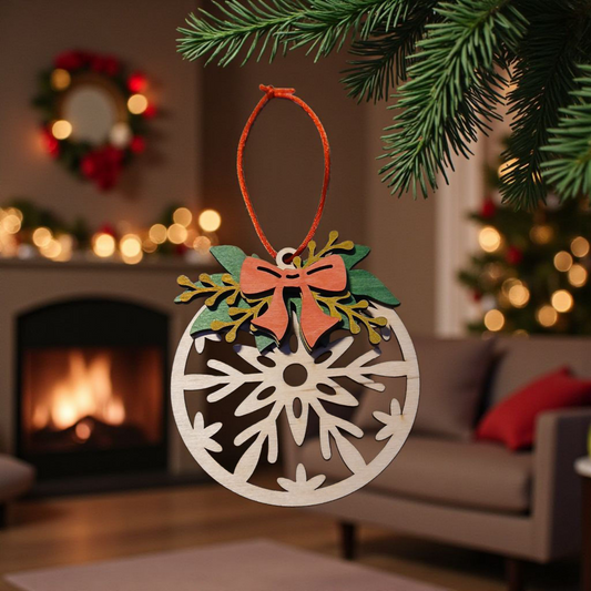 🎁 Suspension de Noël en bois – Flocon et nœud rouge décoratif