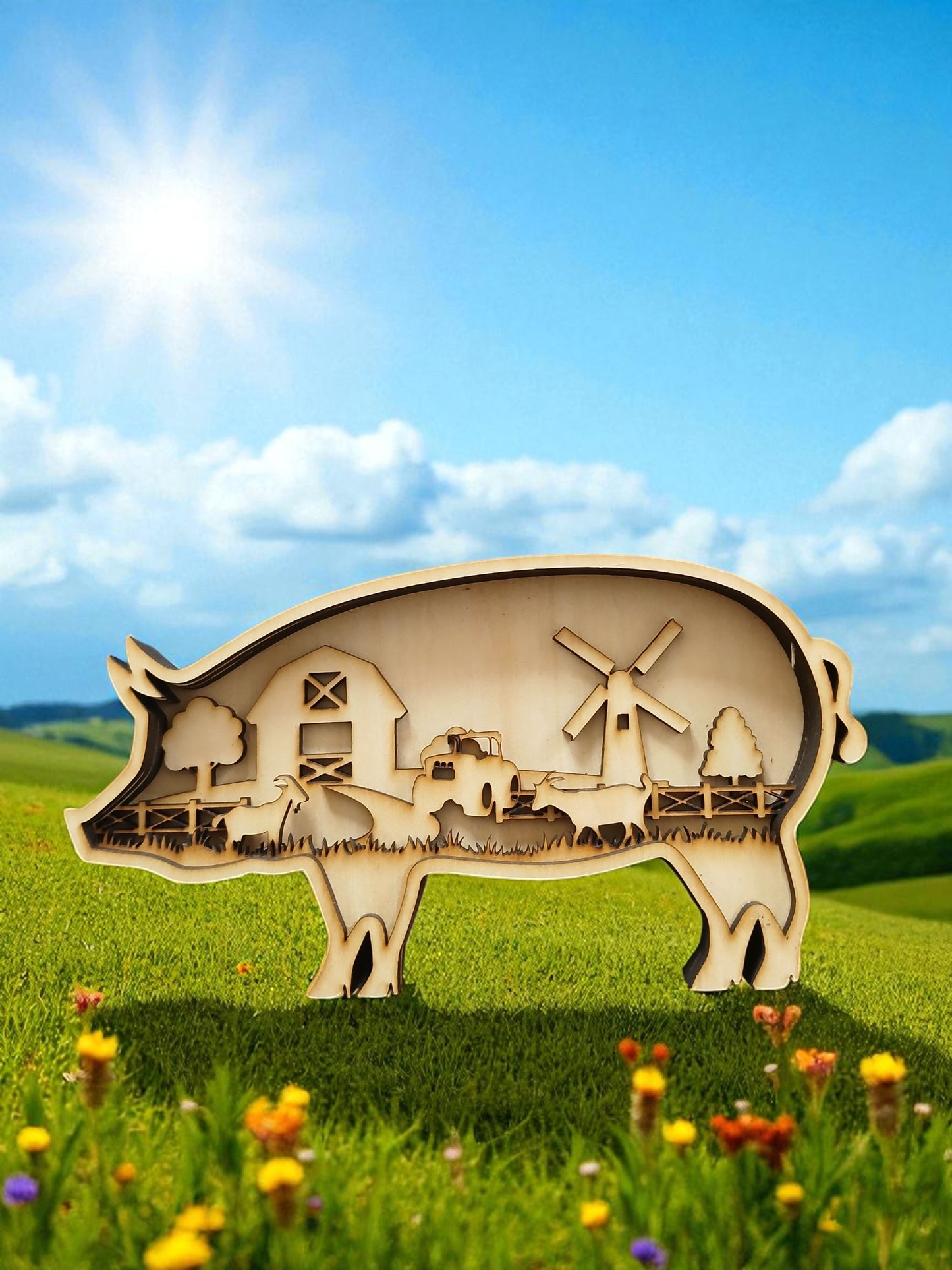 Décoration murale en bois multilayer – Cochon et décor agricole en découpe laser
