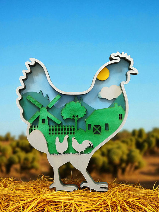 Coq en bois décoré à la main – Découpe laser et décor de ferme